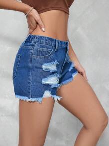 SHEIN Tall Women's Low-Rise Distressed Denim Shorts, Summer Clothing For Tall Women, Country Music Festival And Carnival Clothing, Frayed Hemline, Blue