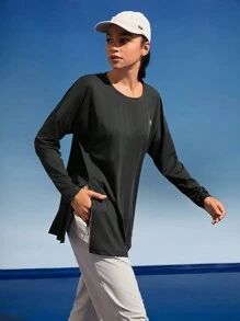In My Nature Ladies' Solid Color Round Neck Split Hem Long Sleeve Outdoor T-Shirt Plain T Shirt Hiking Women Clothes