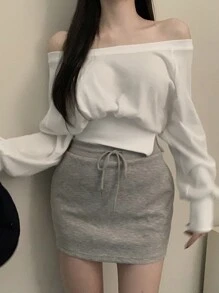 DAZY 女士短款露肩腰带卫衣，秋季可爱上衣 - 白色 - 查看 7