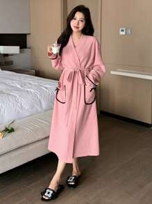 DAZY 纹理面料拼色设计双口袋睡袍睡衣 - 粉色 - 查看 1