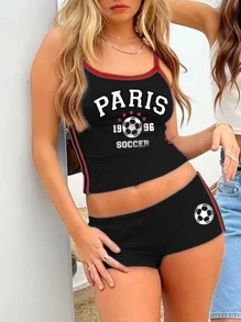 INAWLY Haut Cami et Short avec Lettrage Graphique et Bordure Contrastée - Noir - Voir 3