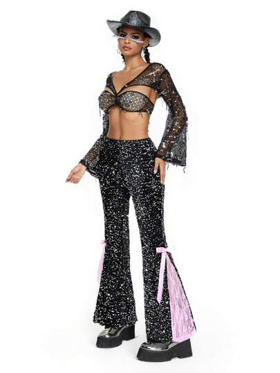 ROMWE Avant Pantaloni a zampa decorati con fiocco luminoso alla moda da donna