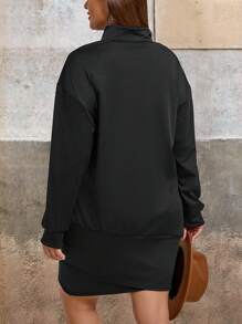 SHEIN VCAY Plus Size Solid Color Stand Collar Long Sleeve Summer Dress - Black - View 2