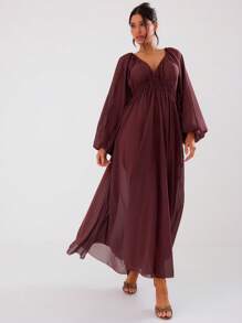 MUSERA Low Plunge Balloon Sleeve Loose Fit Maxi Dress Spring Summer Vacation Beach Long Dress Elegant Graduation Prom - Red Violet - View 1