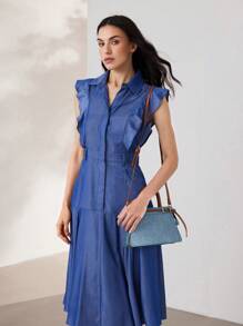 MOTF PREMIUM CONTRAST BUCKLE DETAIL DENIM-EFFECT PRINT TOP HANDLE BAG - Blue - View 8