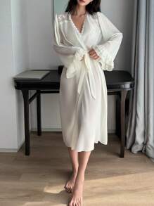 DAZY See-Through Chiffon & Contrast Lace Nightgown With Ruffled Sleeves, Pajama - Apricot - View 8