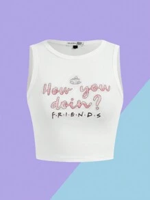 FRIENDS X SHEIN Women's Casual Slogan & Coffee Cup Print White Tank Top, Summer How You Doin