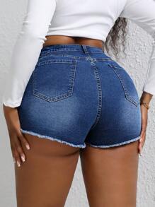 Slaydiva Plus Size Stretch Denim Fashion Embroidered Shorts - Blue - View 4