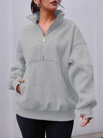 Autumn And Winter Loose Fit Fleece Pullover With Half-Zip Pocket, Stand Collar And Color Block Patchwork