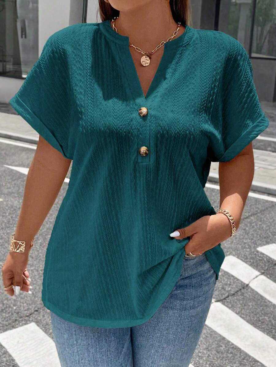 SHEIN LUNE 加大號凹口領蝙蝠袖T恤 - 水鴨藍 - 查看 1