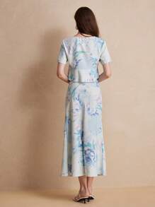 GENKIRA Random Fresh Flower Print Lace-Up Sexy High Waist Ruffle Hem Short Sleeve Long Dress Set - Multicolor - View 3