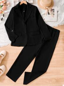 Traje de blazer y pantalón de primavera y otoño de unicolor informal y ligero - Negro - Ver 3