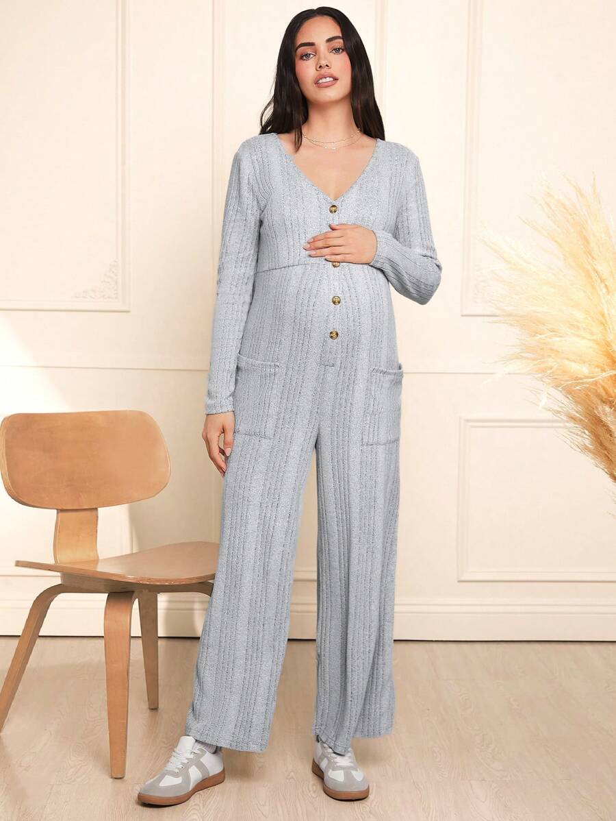 SHEIN 孕妇 V 领前扣长袖连体裤，休闲版型户外孕妇装 - 灰色 - 查看 1