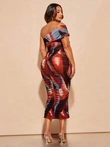 SHEIN BAE Plus Size Women's Elegant Off Shoulder Ruched Mesh Marble Printed Bodycon Midi Dress For Date Or Street Outing - Multicolor - View 2