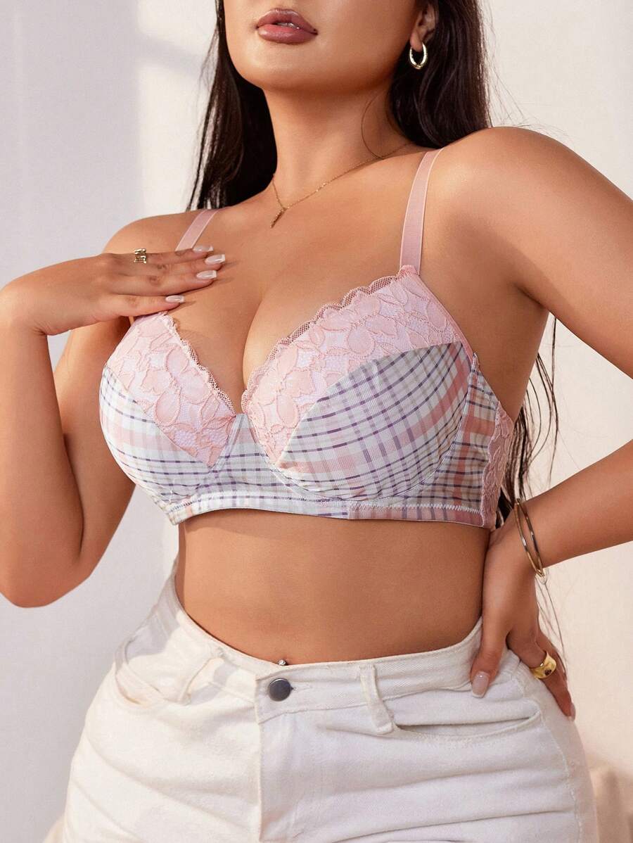 Plaid And Lace Fashion Plus Size Bustier Bra - Red - View 1
