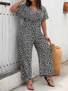SHEIN LUNE Mono con estampado floral y cintura ceñida para vacaciones y ocio, talla grande, verano