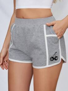 SHEIN Essnce Women's Spring/Summer Outdoor Sports Leisure Shorts With Color Blocking And Embroidery Design - Grey - View 6