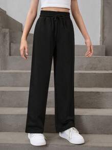 SHEIN Tween Girl Loose Fit Athleisure Black Straight Leg Pants With Drawstring, Perfect For Home And Leisure - Black - View 4