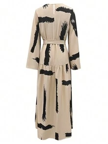 Váy Abaya phong cách Ả Rập thường ngày in họa tiết ngẫu nhiên cho nữ, giản dị - Màu Khaki - Xem 2