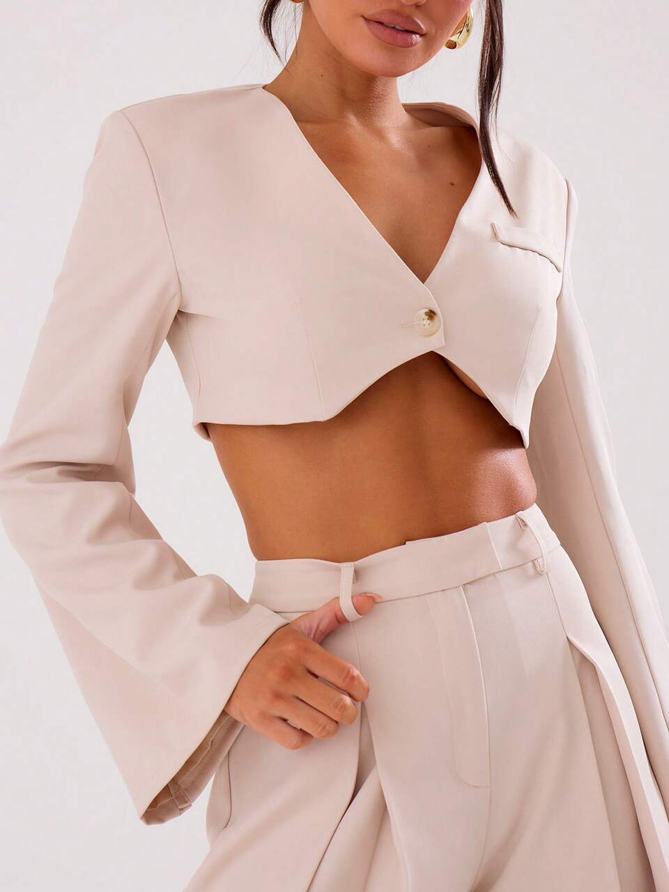 Business Long Sleeve V Neck Blazer Crop Top Elegant Business Casual Summer Spring Vacation Graduation Prom Wedding Guest Birthday Vacation