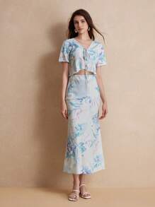 GENKIRA Random Fresh Flower Print Lace-Up Sexy High Waist Ruffle Hem Short Sleeve Long Dress Set - Multicolor - View 1