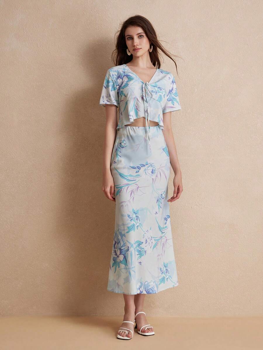 GENKIRA Random Fresh Flower Print Lace-Up Sexy High Waist Ruffle Hem Short Sleeve Long Dress Set - Multicolor - View 1