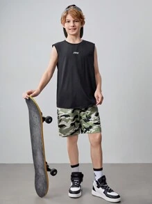 SHEIN 鉤針編織實色無袖背字母印花中學男孩馬甲，迷彩短褲休閒運動套裝2件組 - 黑色 - 查看 7