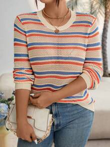 Calvaya Plus Size Spring/Autumn Casual Color Block Striped Hollow Knitted Sweater Fall Winter - Multicolor - View 3