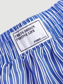 SHEIN MOD Women's Blue & White Striped Elastic Waistband Shorts With Alphabet Badge Decoration