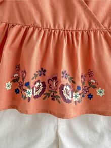 Cozy Pixies Set de pantaloni scurți casual pentru fetiță, cu decolteu în V, cu mâneci scurte, cu modele florale și botanice, cu talie elastică, haine de vară 2 buc - Lemn rosu - Vizualizare 5