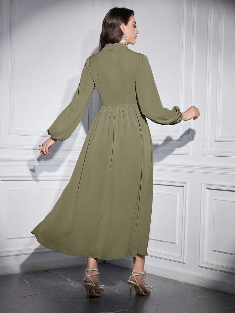 Modelyn Đầm suông tay đèn lồng đính đinh tán thanh lịch cho nữ - Màu xanh Ô liu - Xem 2