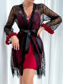 酒红色真丝露背吊带睡袍和撞色3D花朵宽袖蕾丝长袍睡衣套装 - 彩色 - 查看 5