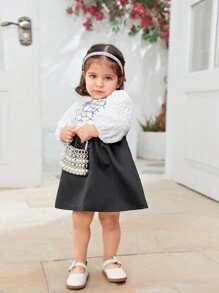 Baby Girls' Autumn Ladylike Lantern Sleeve Embossed Jacquard Black And White Party Dress - Multicolor - View 4