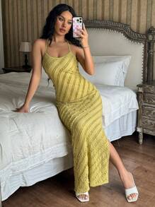 Chiquease Vestido ajustado sin mangas con tirantes espagueti, escote descubierto en la espalda y rizo con dobladillo de volante de malla 3D, para mujer - Verde - Ver 2