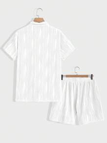Manfinity Homme Men's Solid Color Single-Breasted Short Sleeve Top And Drawstring Waist Shorts Casual Set, Summer - White - View 2