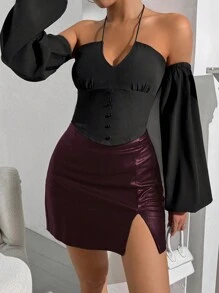 Zolique Camiseta sin mangas con escote descubierto de unicolor para mujer con tirantes finos, verano - Negro - Ver 4