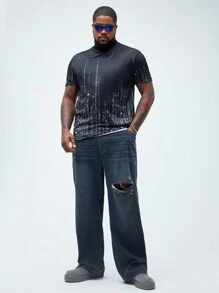 Manfinity VCAY Men's Plus Size Slim Fit Knitted Short Sleeve T-Shirt With Glittery Star Printed Pattern And Turtleneck Collar, Suitable For Summer