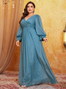 加大码前后 V 领灯笼袖纯色连衣裙，配腰部褶皱，雪丝雪纺，大摆裙，伴娘服 - 霧霾藍 - 查看 6