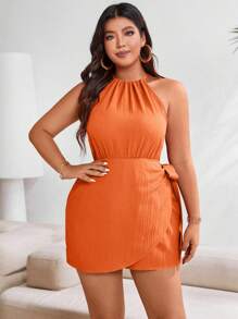 SHEIN LUNE Plus Size Women's Solid Color Simple Daily Open Shoulder Jumpsuit - Orange - View 6