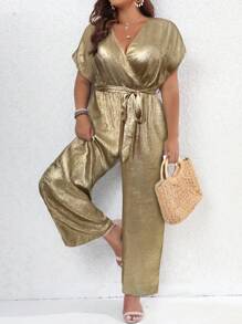 SHEIN Unity Plus Size Elegant High-End Party Jumpsuit With Belt, V-Neck And Batwing Sleeves For New Year Holiday Party Clothes - Gold - View 3
