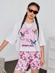 SHEIN Áo phông rộng rãi và quần đi xe đạp bó sát dành cho nữ tuổi teen Bộ 2 bộ thể thao thông thường - Hồng - Xem 6