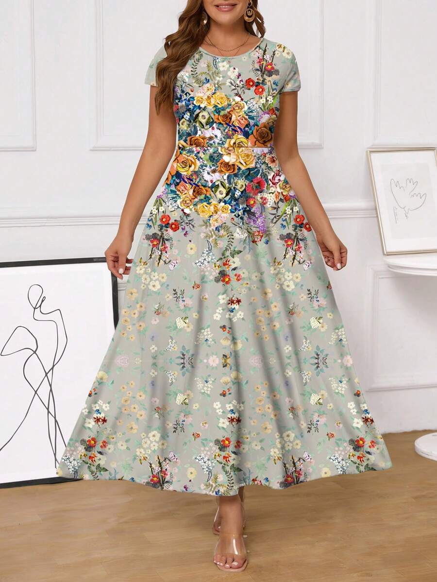 SHEIN Clasi Plus Size Allover In Hình Mùa Hè Cổ Tròn Tay Ngắn Váy Nữ - Màu xanh Bạc hà - Xem 1