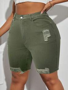 SHEIN SXY Quần short denim rách viền Plus Size, Hợp thời trang và đa năng - xanh quân đội - Xem 4