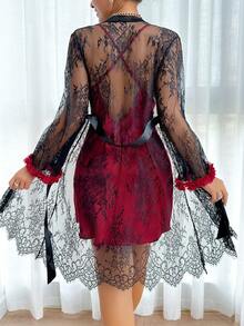 酒红色真丝露背吊带睡袍和撞色3D花朵宽袖蕾丝长袍睡衣套装 - 彩色 - 查看 2