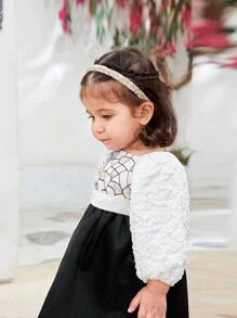 Baby Girls' Autumn Ladylike Lantern Sleeve Embossed Jacquard Black And White Party Dress - Multicolor - View 6