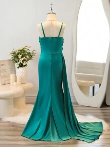 SHEIN Vestido Longo Sereia Ajustado Sem Mangas Verde Esmeralda Elegante, Adequado para Festa, Casamento, Concurso, Halloween, Eventos e Apresentações de Natal, Meninas Pré-Adolescentes - Verde Escuro - Visão 2
