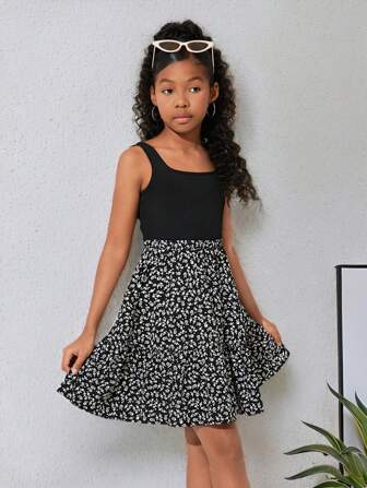 SHEIN Tween-Mädchen Gestricktes ärmelloses Weste-Blumen-Patchwork-Kleid für Lässig kleidung, Frühling/Sommer