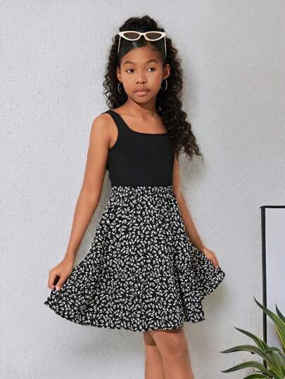 SHEIN Tween Girl's Knitted Sleeveless Vest Floral Patchwork Dress For Casual Wear, Spring/Summer Holiday Outfits