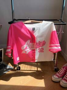 Comfortcana 热粉色字母图案双色落肩短款针织衬衫，短袖上衣 - 彩色 - 查看 6