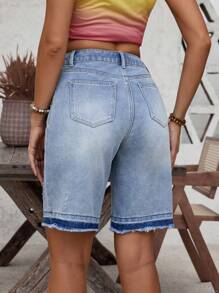 SHEIN LUNE Quần short denim có viền thô rách cho trang phục hàng ngày - Màu xanh lam - Xem 2